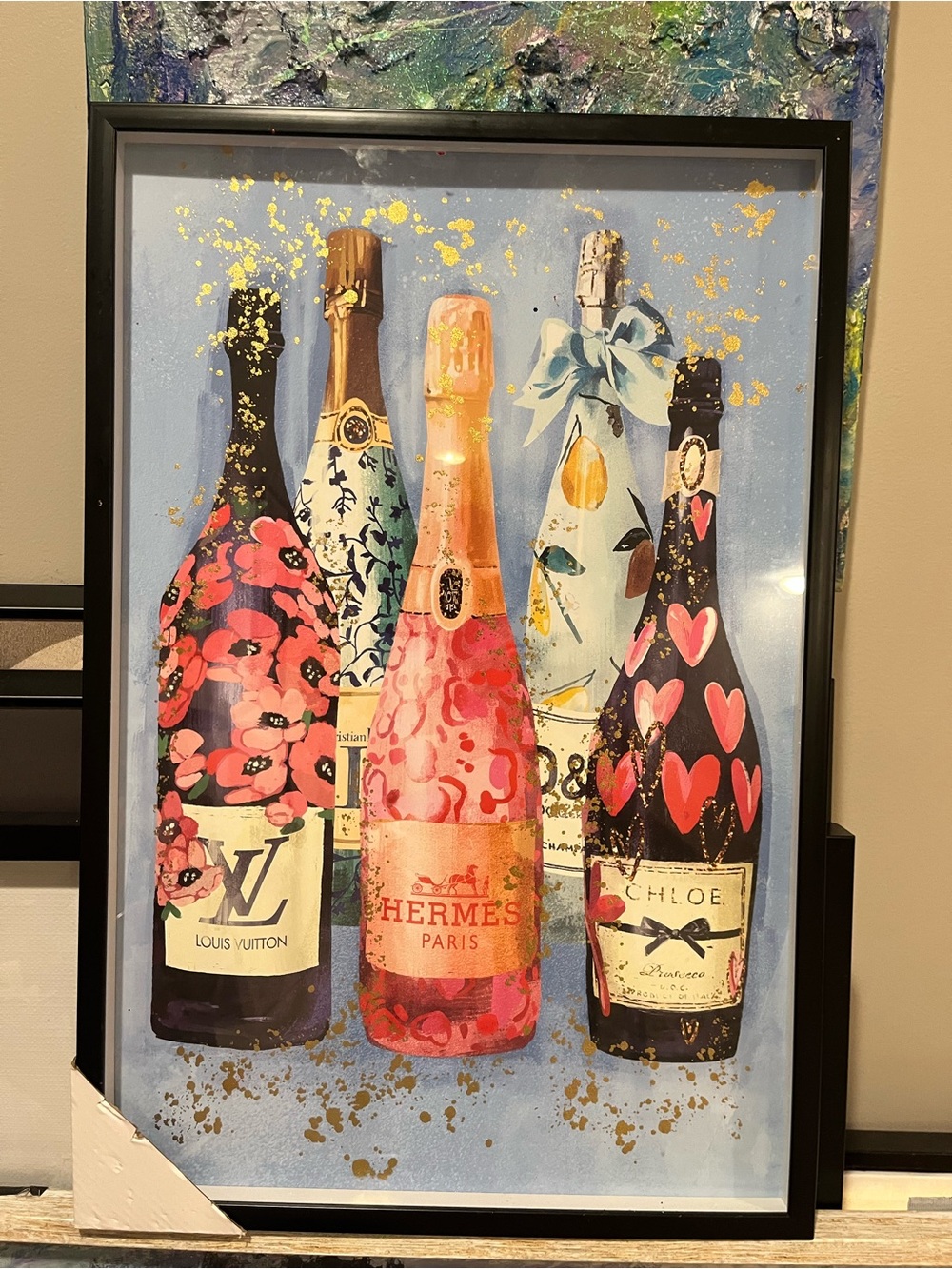 Luxury Champagne Bottle Art Print - Pink & Blue Decorative Wall Art
